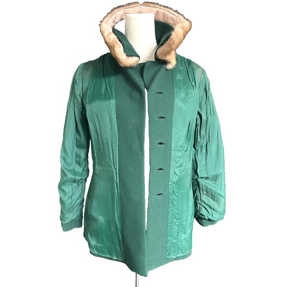 Vintage Flemington Furs 60s Green Wool Mod Dress Suit Fur Collar Classy Classic - Picture 5 of 16